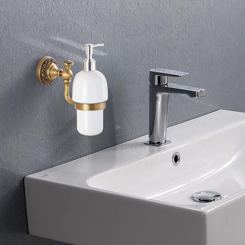 Leyden Antique Brass Soap Dispenser,Wall Mount Hand Soap Pump Bathroom Liquid Holder Lotion Bottles Vintage Dish Ceramics Removable for Kitchen Sink Countertop - Image 2